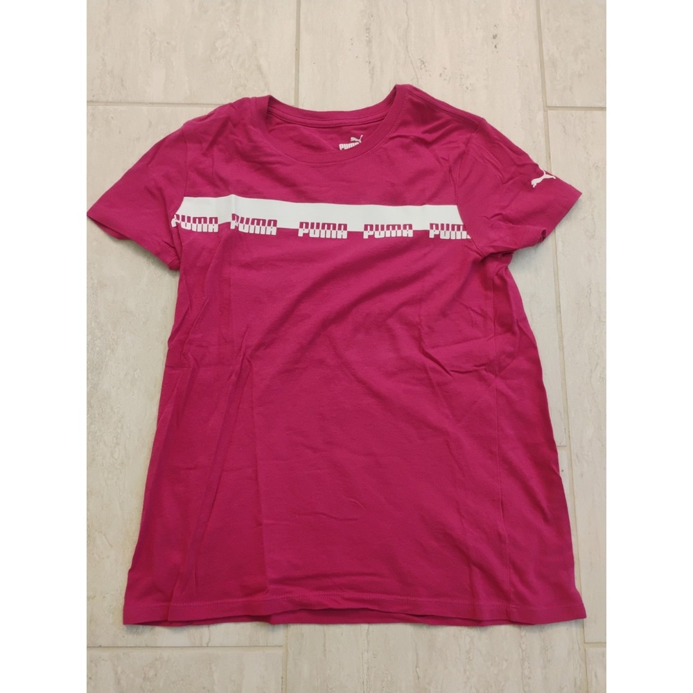 Puma Womens T Shirt Small Pink White Logo Tape Short Sleeve Cotton Athletic Tee